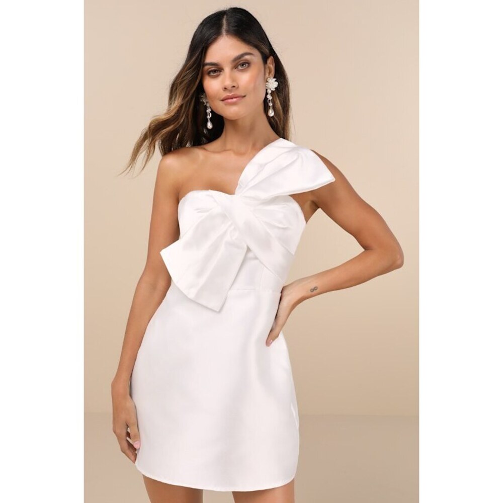 Lulus Utterly Pretty White Bow One-shoulder Mini Dress With Pockets - Size S